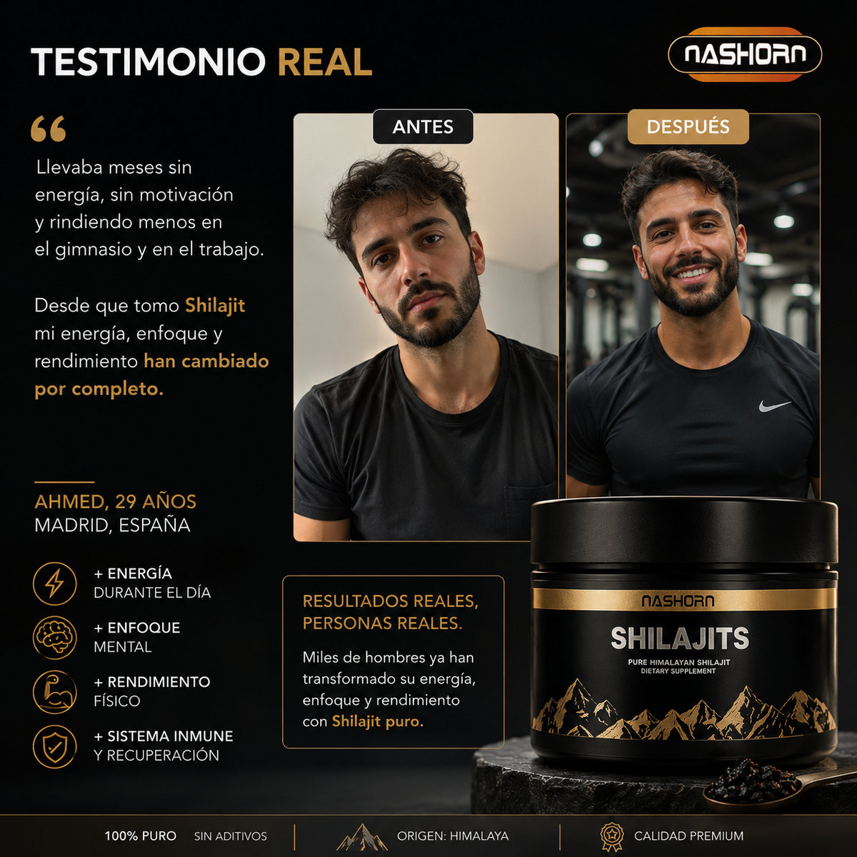 Shilajit puro del Himalaya para hombres que quieren rendir más en su día a día.